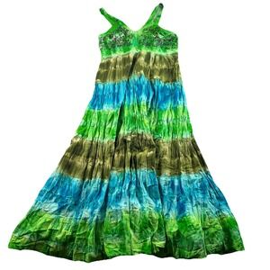 Braja Tie Dye Sundress Maxi Dress Green Purple Free Size (M/L)100% Cotton India